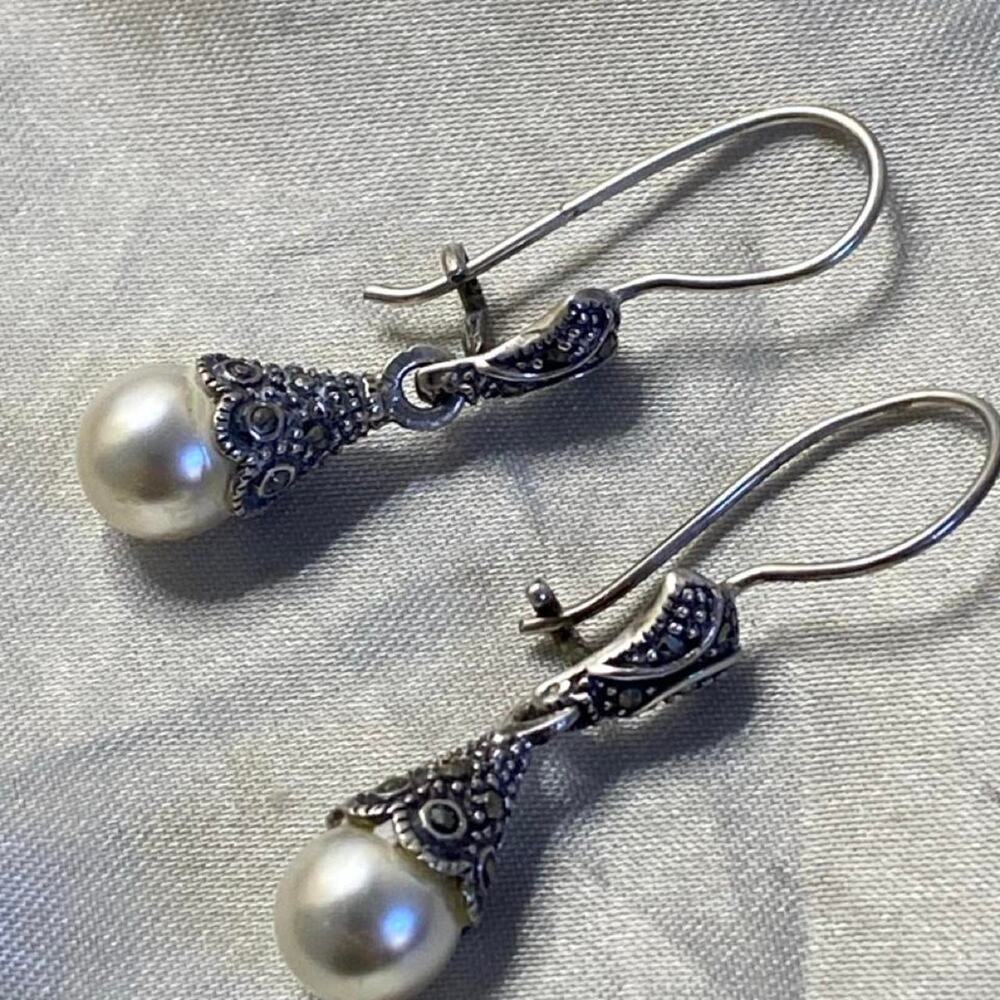 Vintage Sterling Silver Marcasite Faux Pearl Drop Dangle Earrings Art Deco